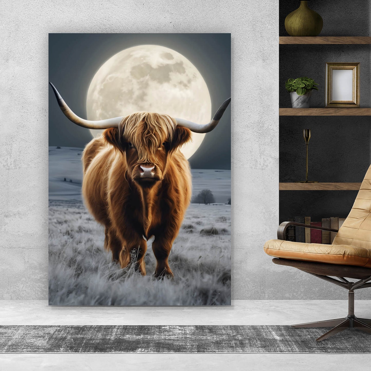 Leinwandbild Highlandrind im Mondschein Hochformat