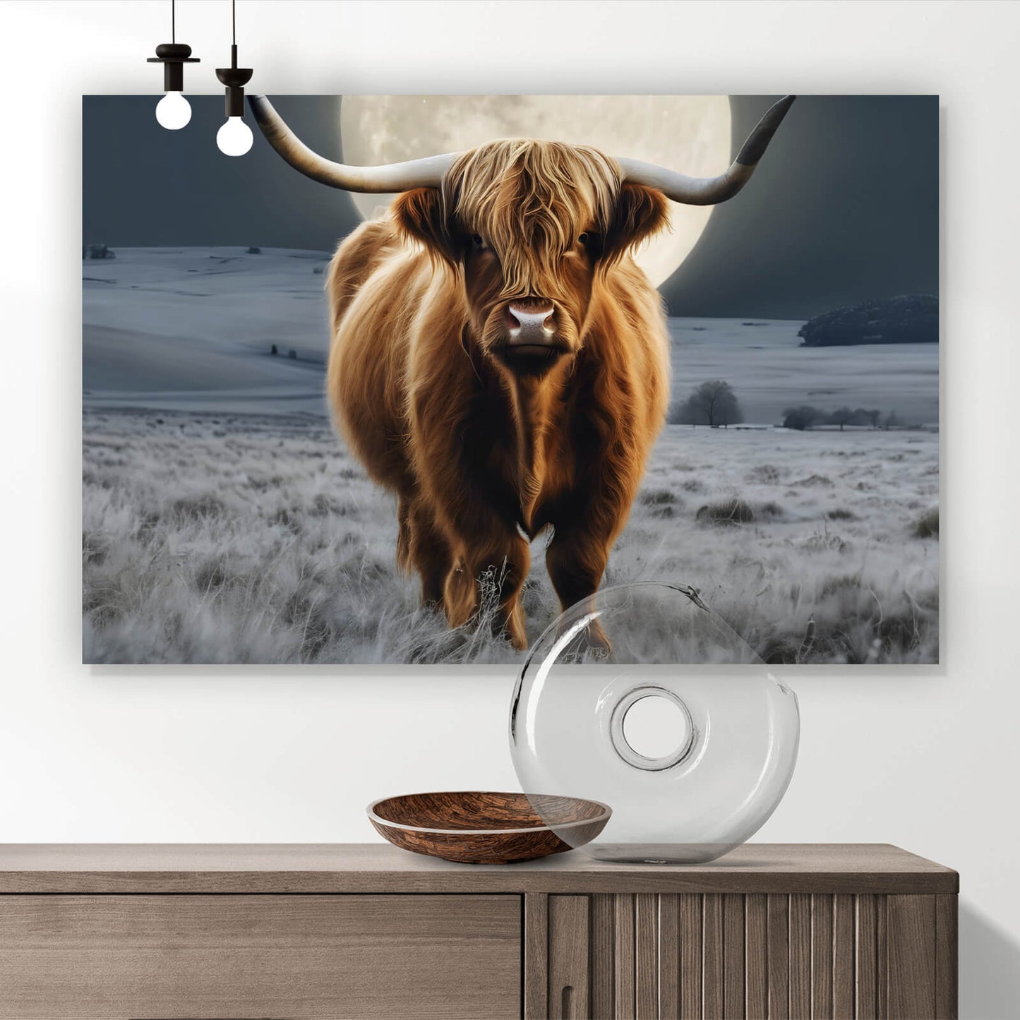 Leinwandbild Highlandrind im Mondschein Querformat