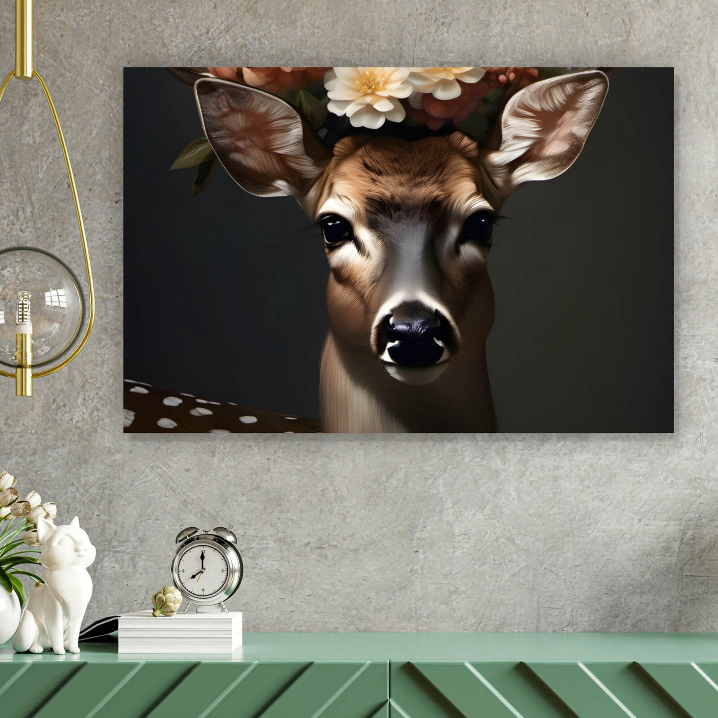 Leinwandbild Hirsch mit Blumenschmuck Querformat