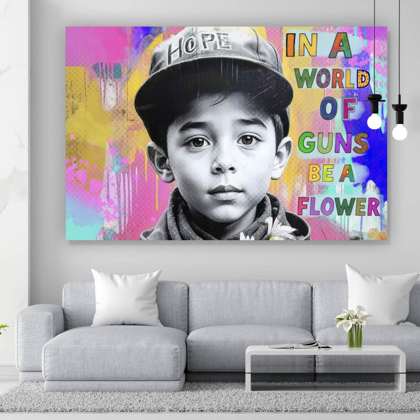 Leinwandbild In a World of Guns be a Flower Querformat