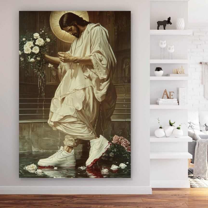 Leinwandbild Jesus mit Blumenstrauss und Sneaker Hochformat