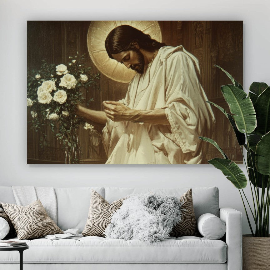 Leinwandbild Jesus mit Blumenstrauss und Sneaker Querformat