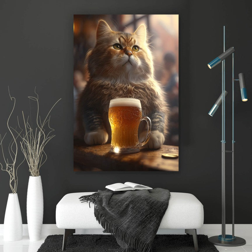 Leinwandbild Katze mit Bier Hochformat