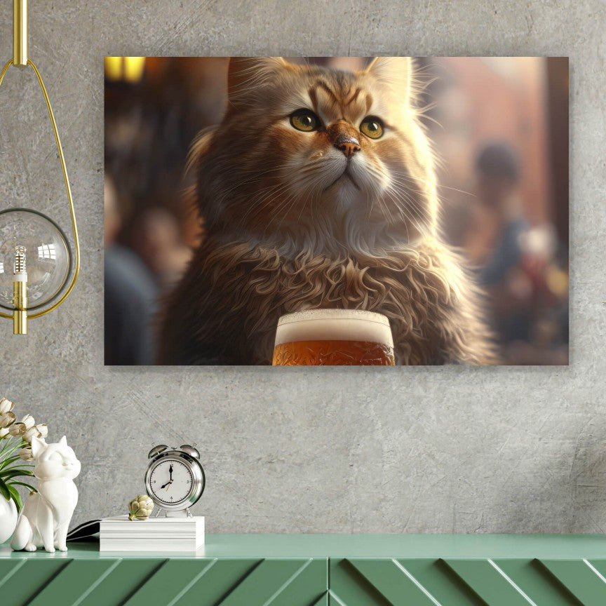 Leinwandbild Katze mit Bier Querformat