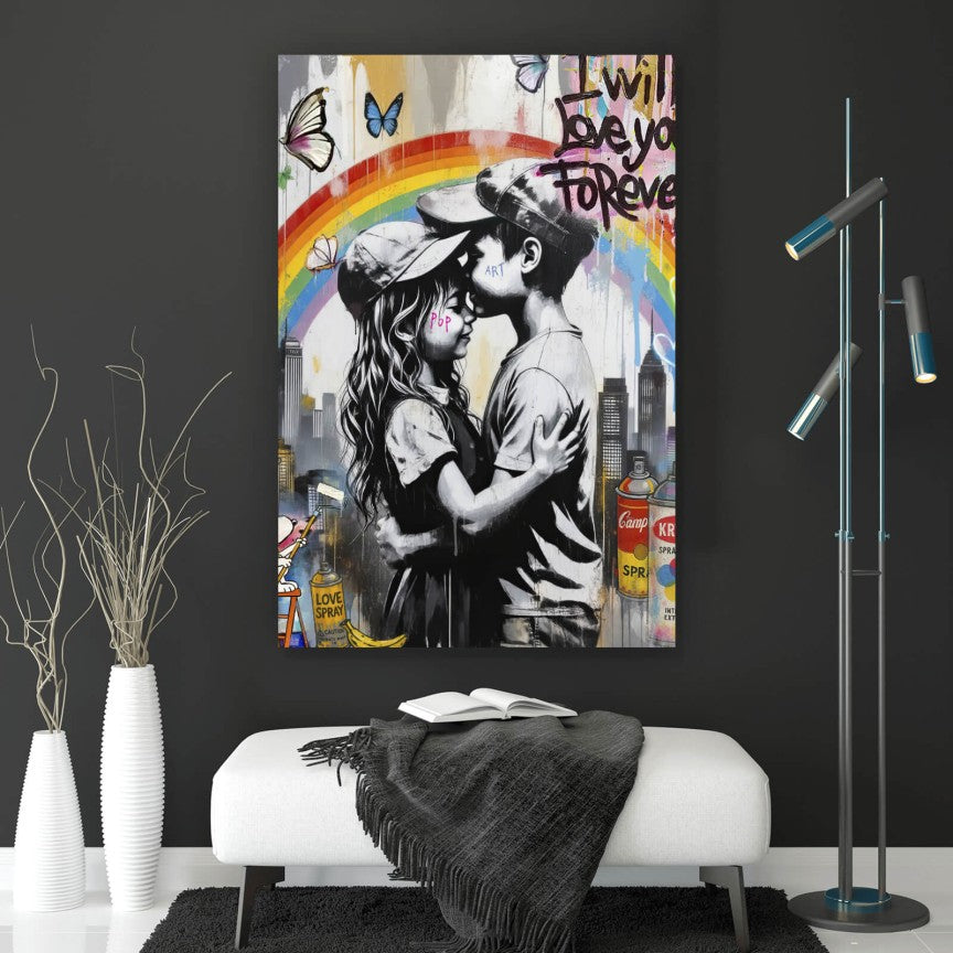 Leinwandbild Liebende Kinder mit buntem Street Art Hintergrund Hochformat