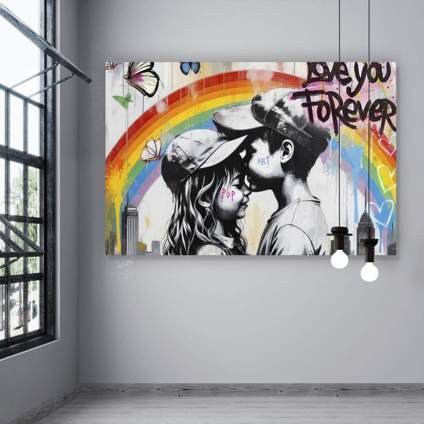 Leinwandbild Liebende Kinder mit buntem Street Art Hintergrund Querformat