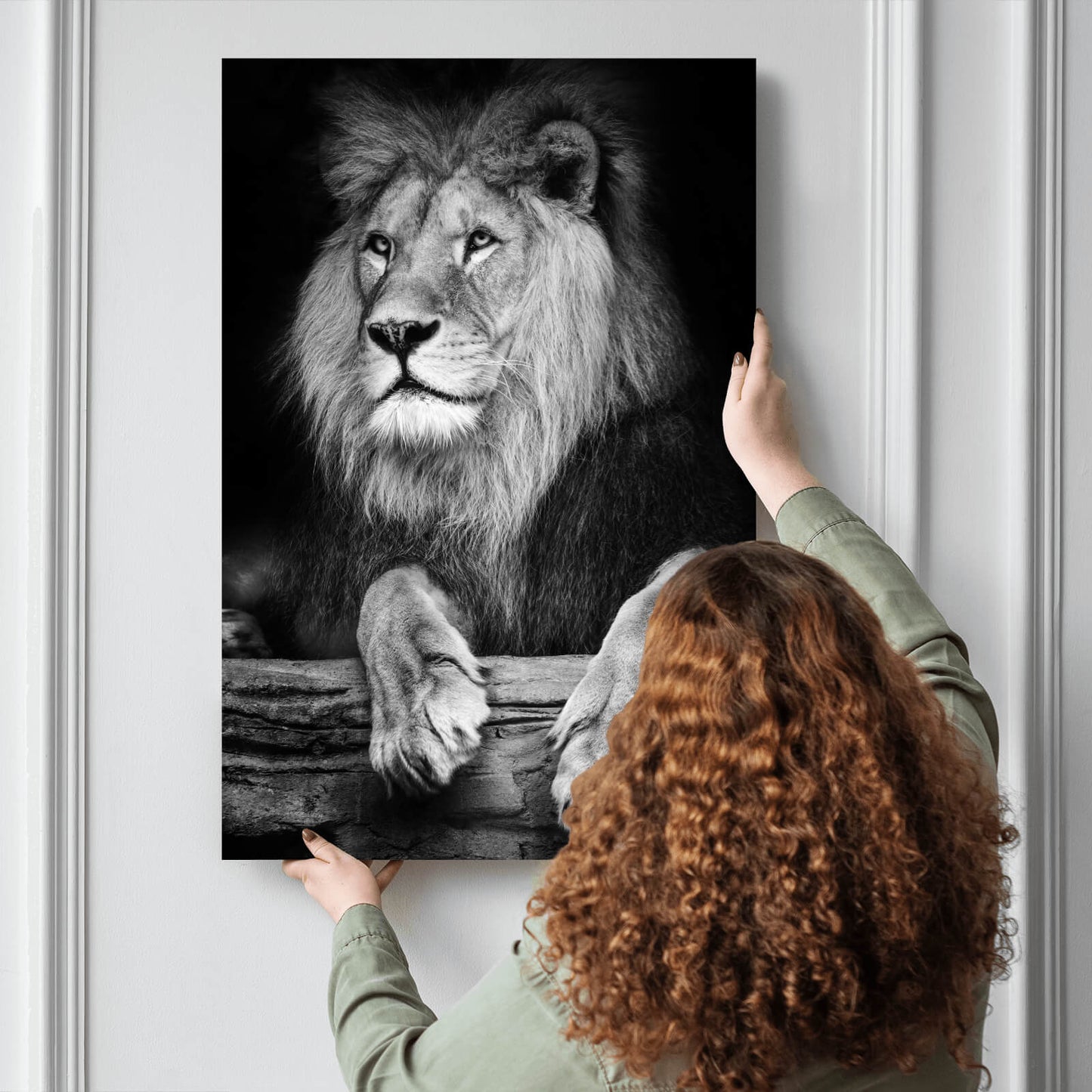 Leinwandbild Löwen Portrait schwarz weiß Hochformat