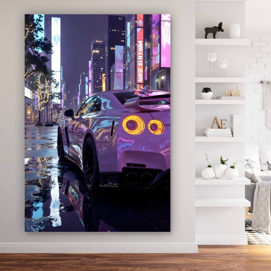 Leinwandbild Luxus Sportwagen in der beleuchteten Stadt Hochformat