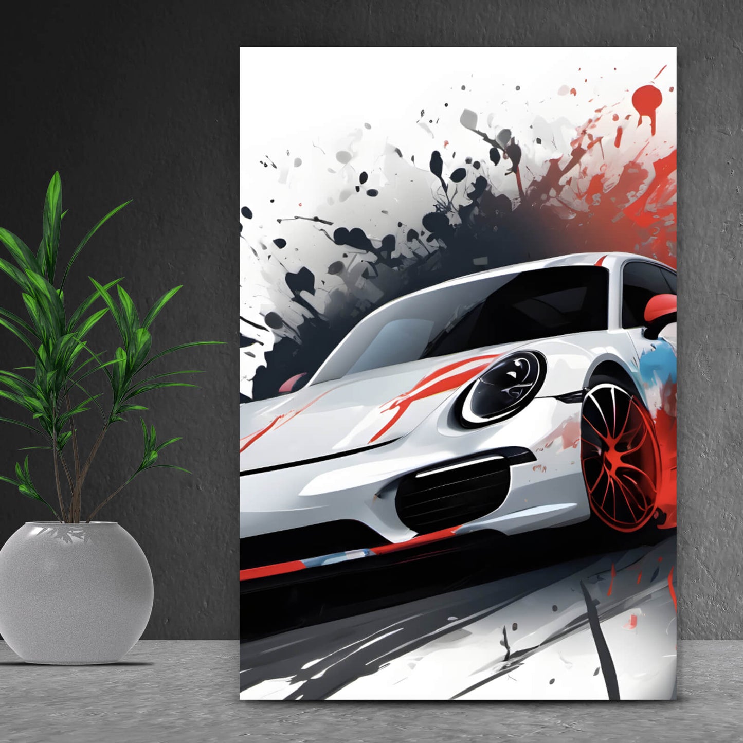 Leinwandbild Luxus Sportwagen mit Farbspritzer Hochformat