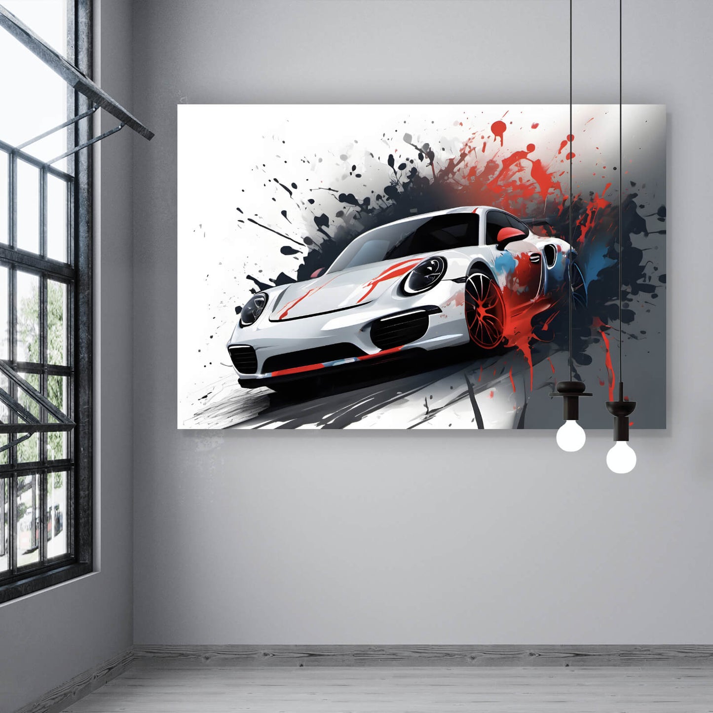 Leinwandbild Luxus Sportwagen mit Farbspritzer Querformat