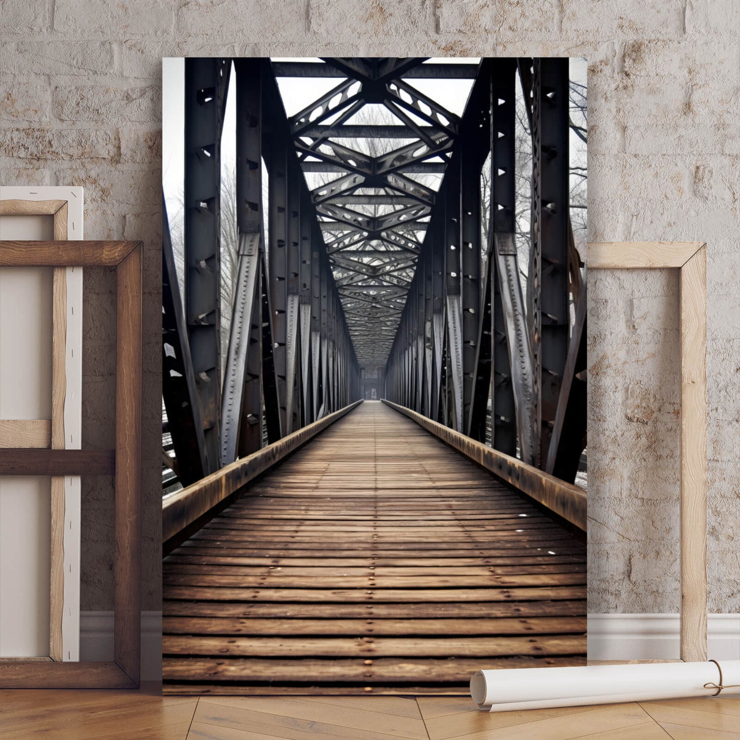 Leinwandbild Mystische Stahlbrücke Hochformat