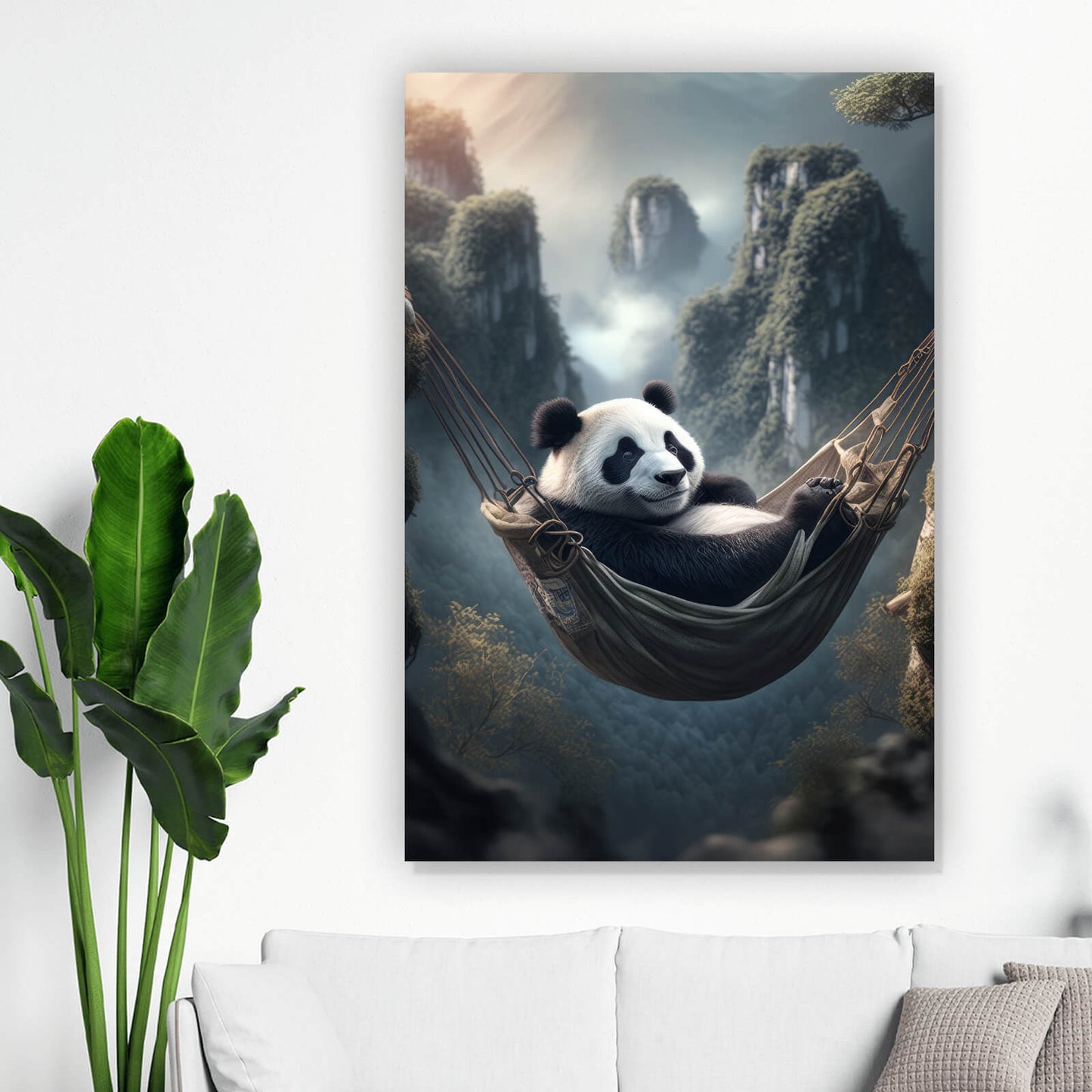 Leinwandbild Pandabär in einer Hängematte Hochformat