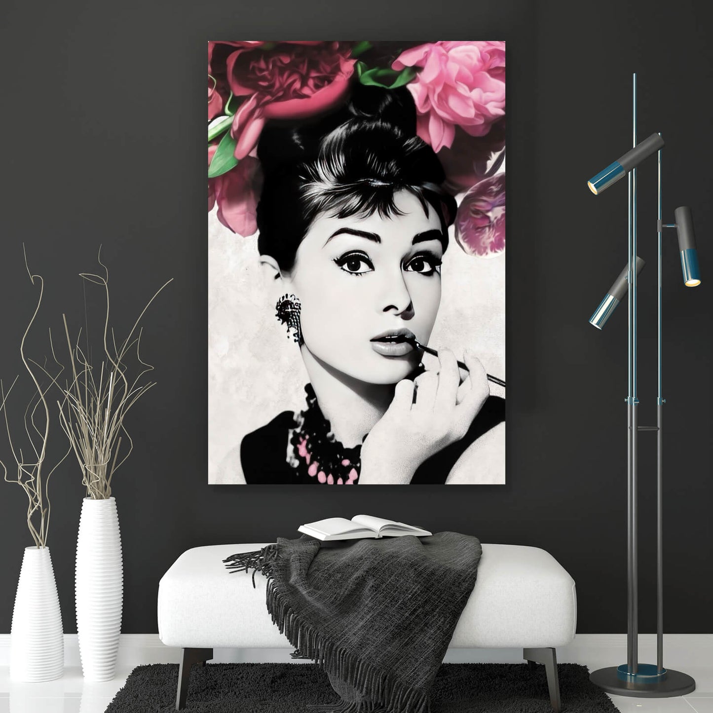 Leinwandbild Portrait Audrey mit Blumenschmuck Hochformat