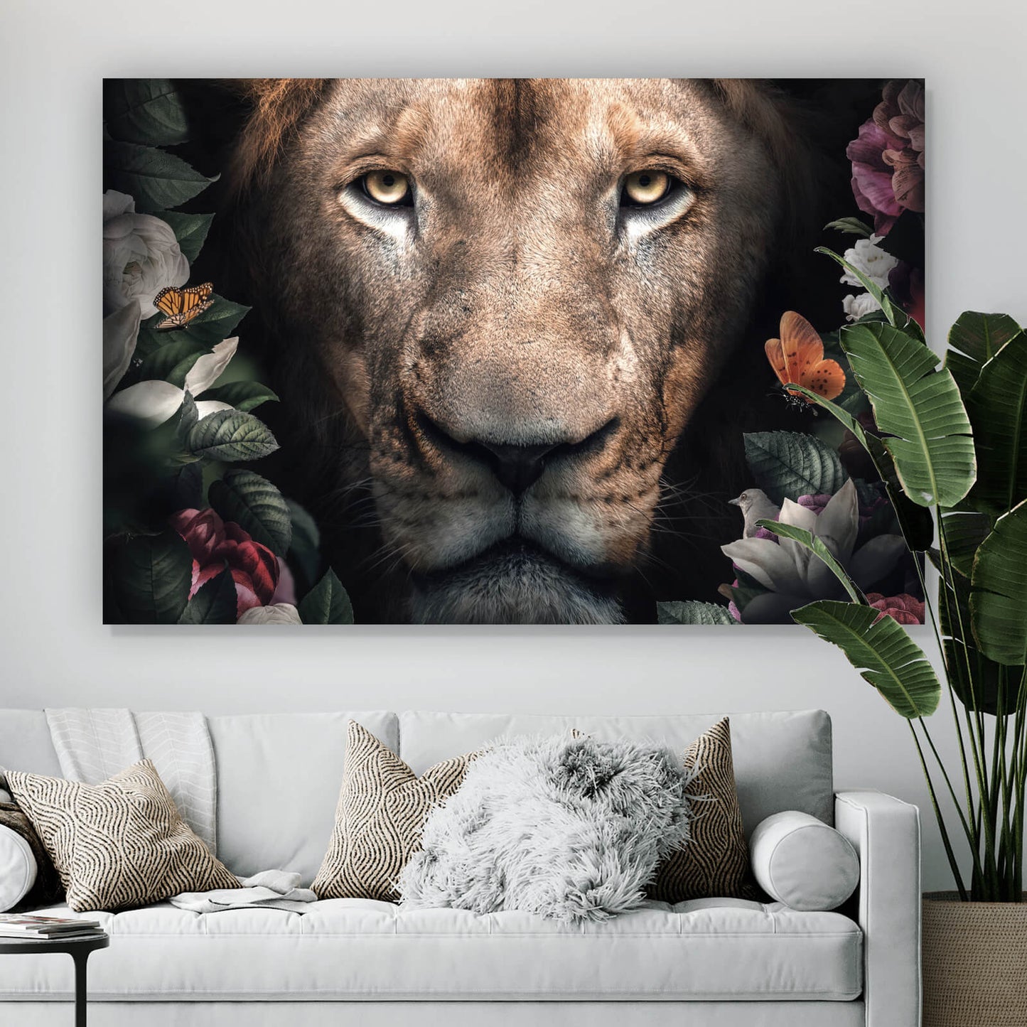 Leinwandbild Löwe mit Blumen Querformat