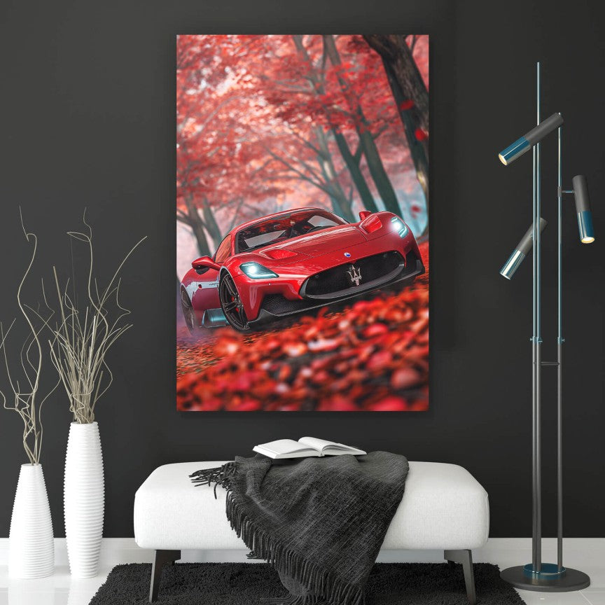 Leinwandbild Roter Sportwagen im Herbstwald Hochformat