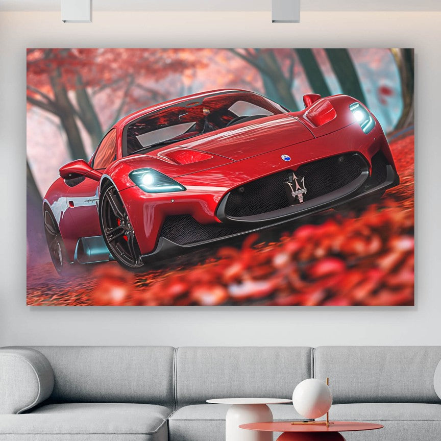 Leinwandbild Roter Sportwagen im Herbstwald Querformat