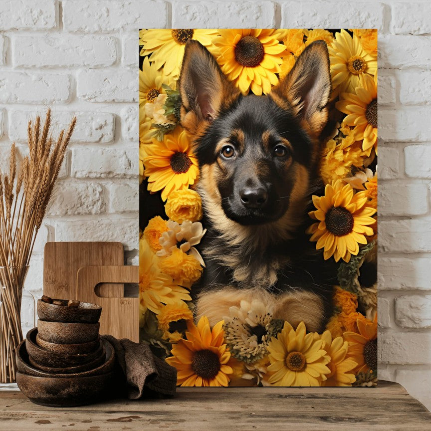 Leinwandbild Schäferhundwelpe vor Sonnenblume Hochformat