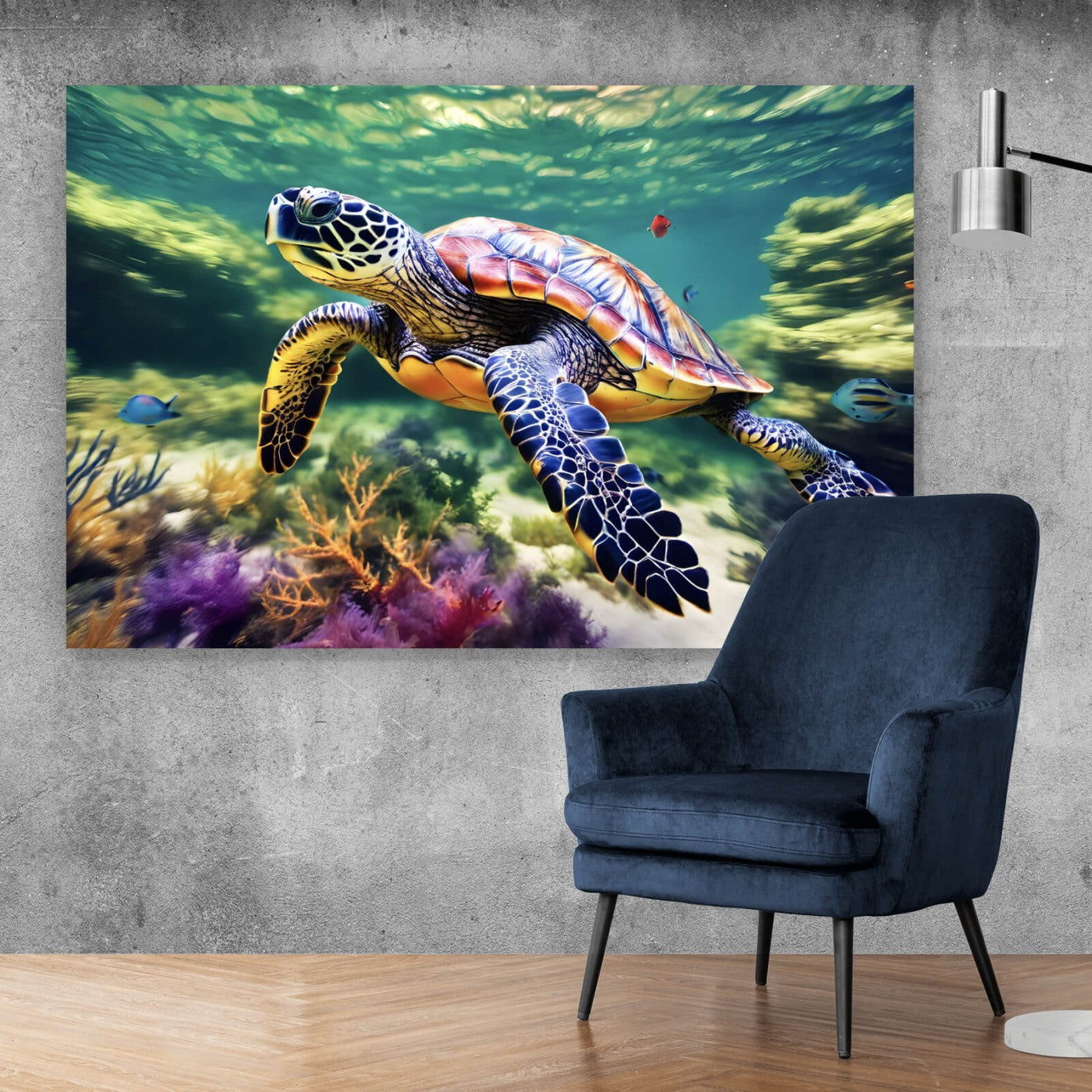 Leinwandbild Schildkröte auf knalligen Meeresboden Querformat