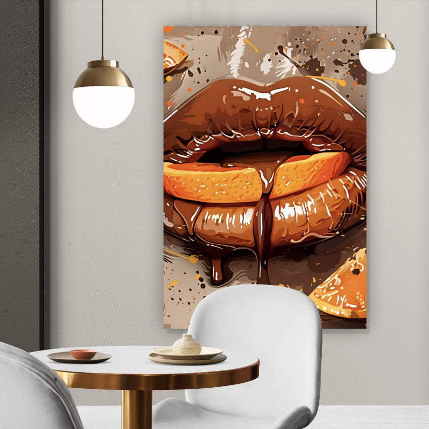Leinwandbild Sexy Lippen mit Orangen und Schololade Hochformat