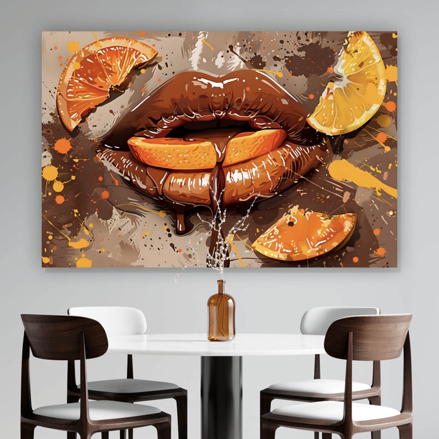 Leinwandbild Sexy Lippen mit Orangen und Schololade Querformat