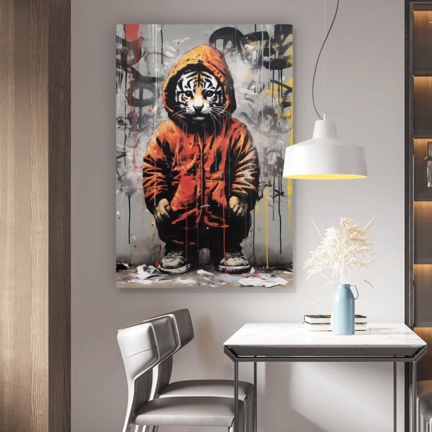 Leinwandbild Tiger Junge Street Art Stil Hochformat