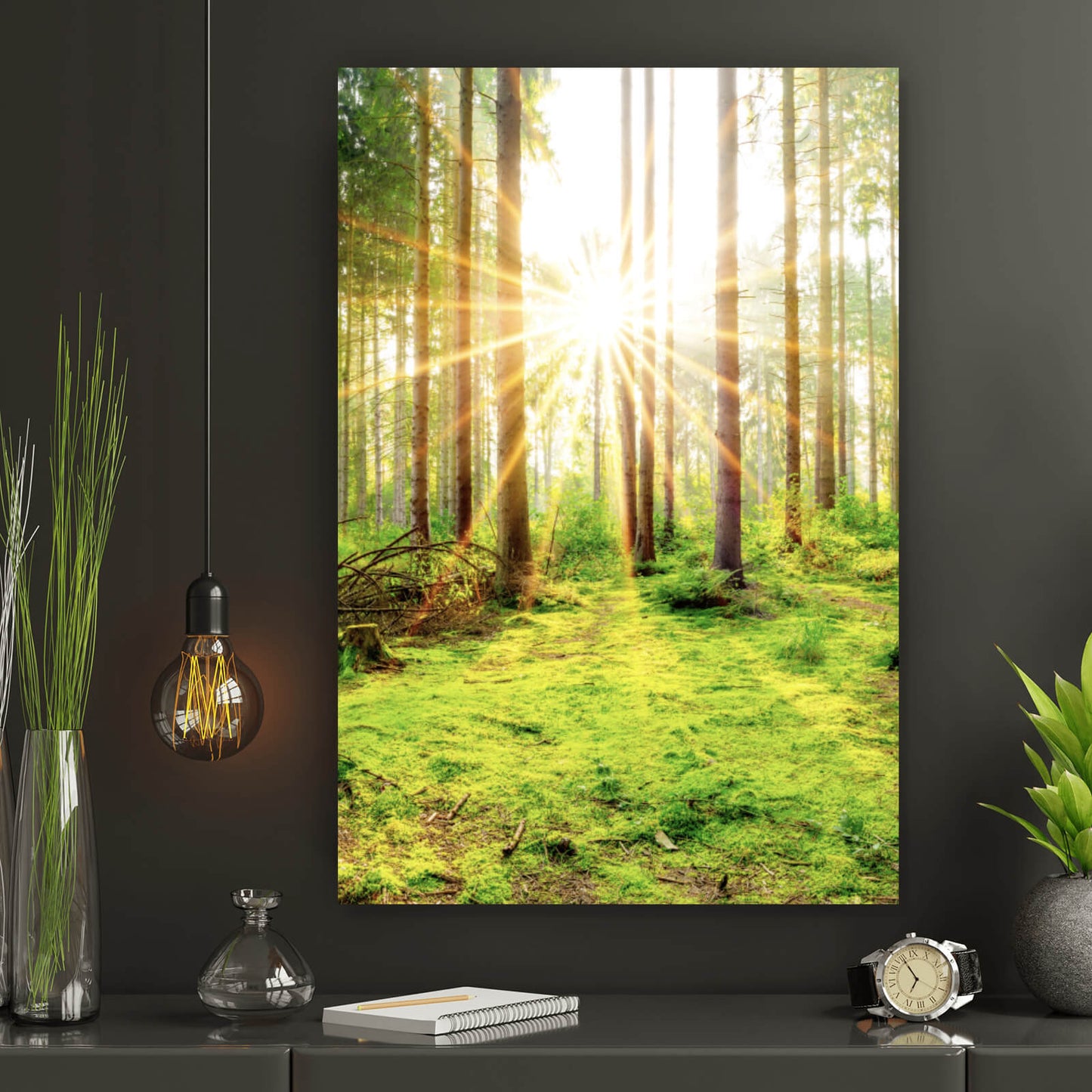 Leinwandbild Wald am Morgen Hochformat