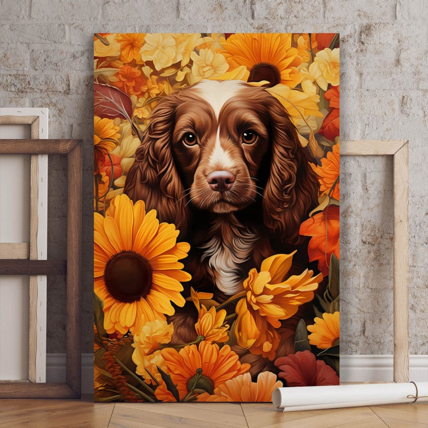 Leinwandbild Welpe Cocker Spaniel im Blütenmeer Hochformat