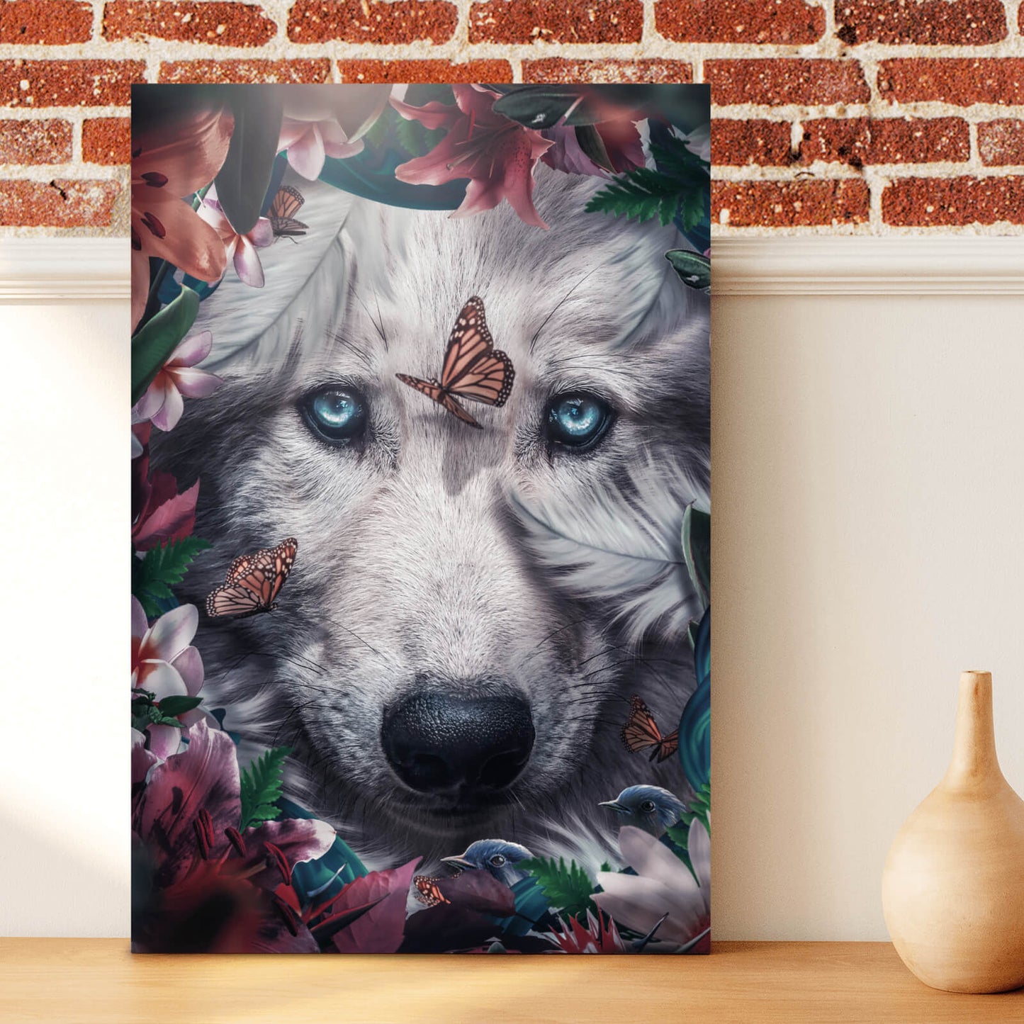 Leinwandbild Wolfgesicht mit Blumen Hochformat