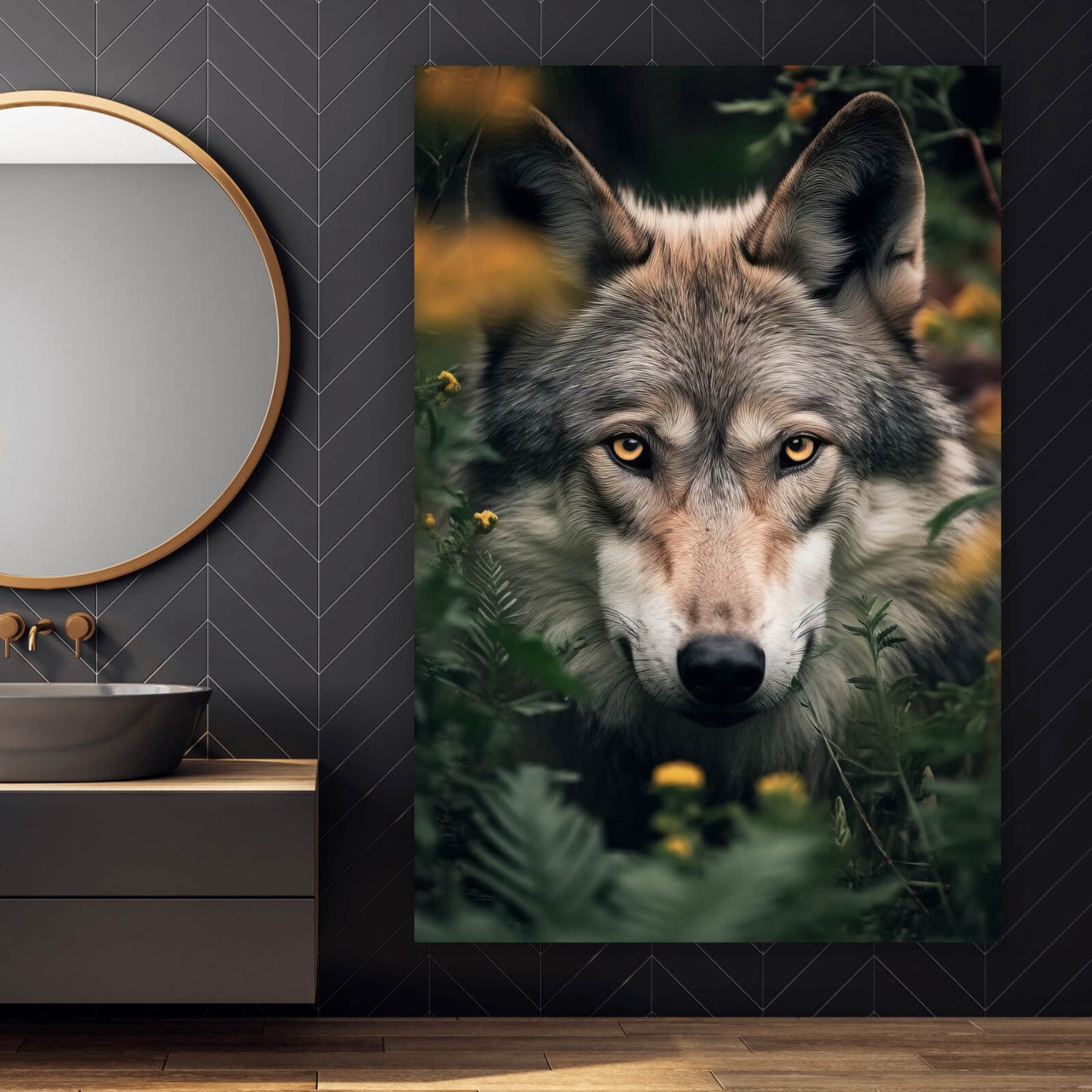 Leinwandbild Wolfportrait im Gestrüpp Hochformat