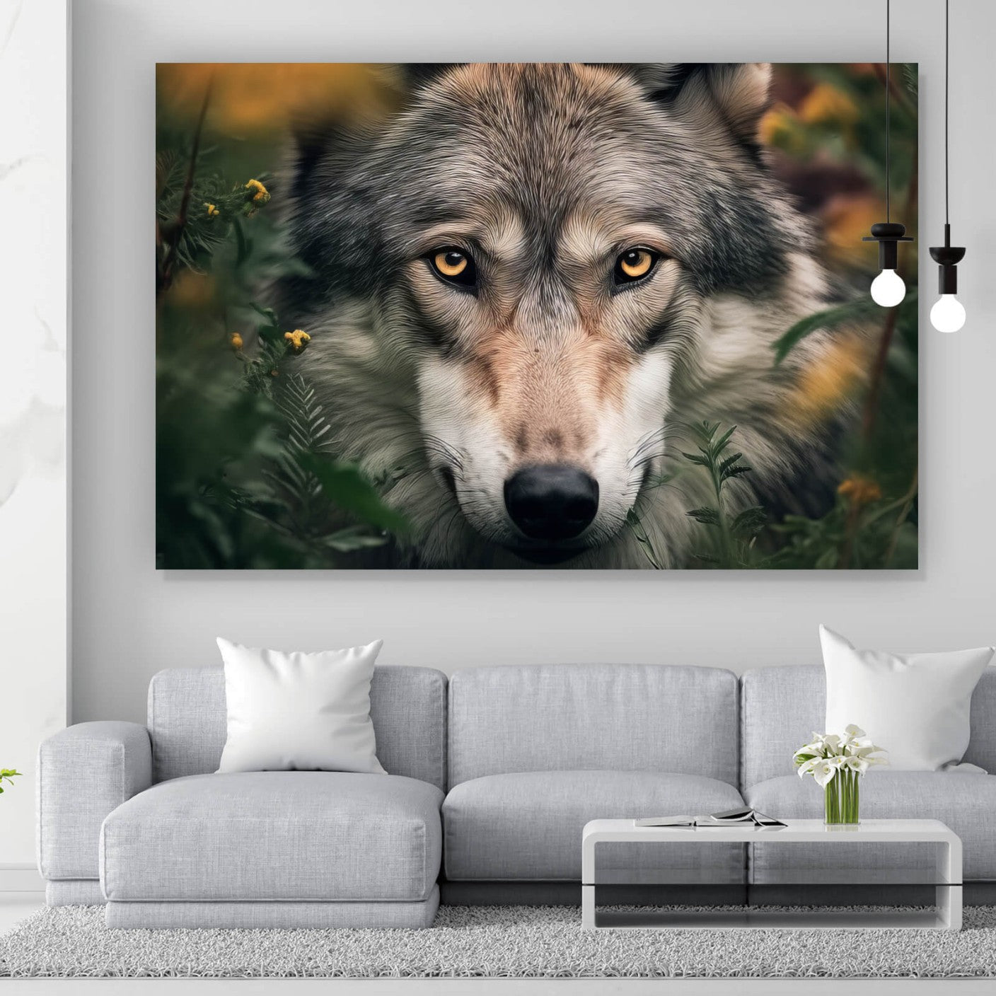 Leinwandbild Wolfportrait im Gestrüpp Querformat