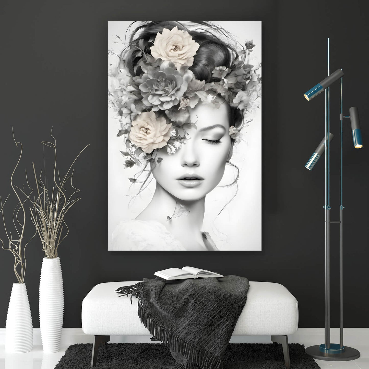 Leinwandbild zartes Frauenportrait mit Blumen Hochformat