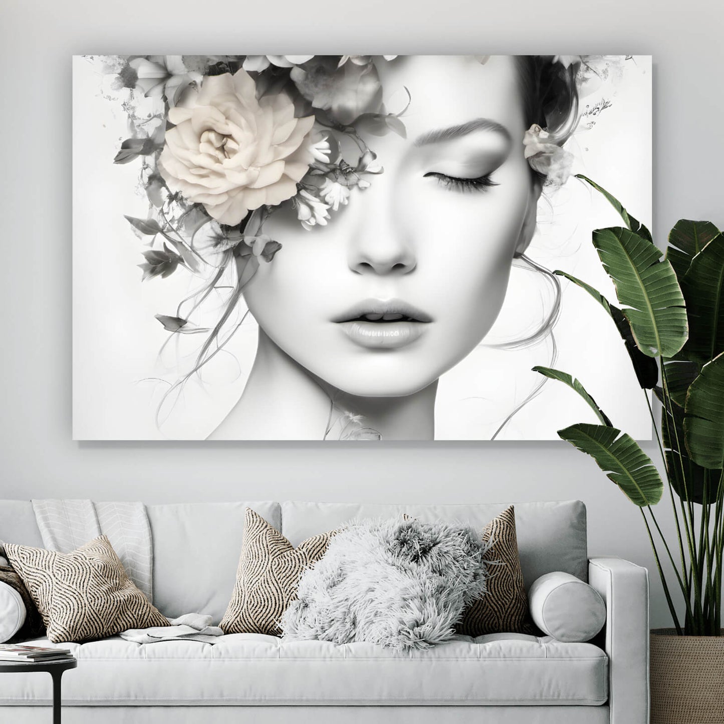 Leinwandbild zartes Frauenportrait mit Blumen Querformat