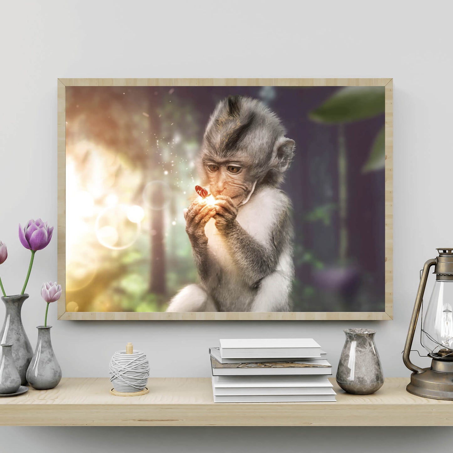 Poster Babyaffe mit Schmetterling Querformat