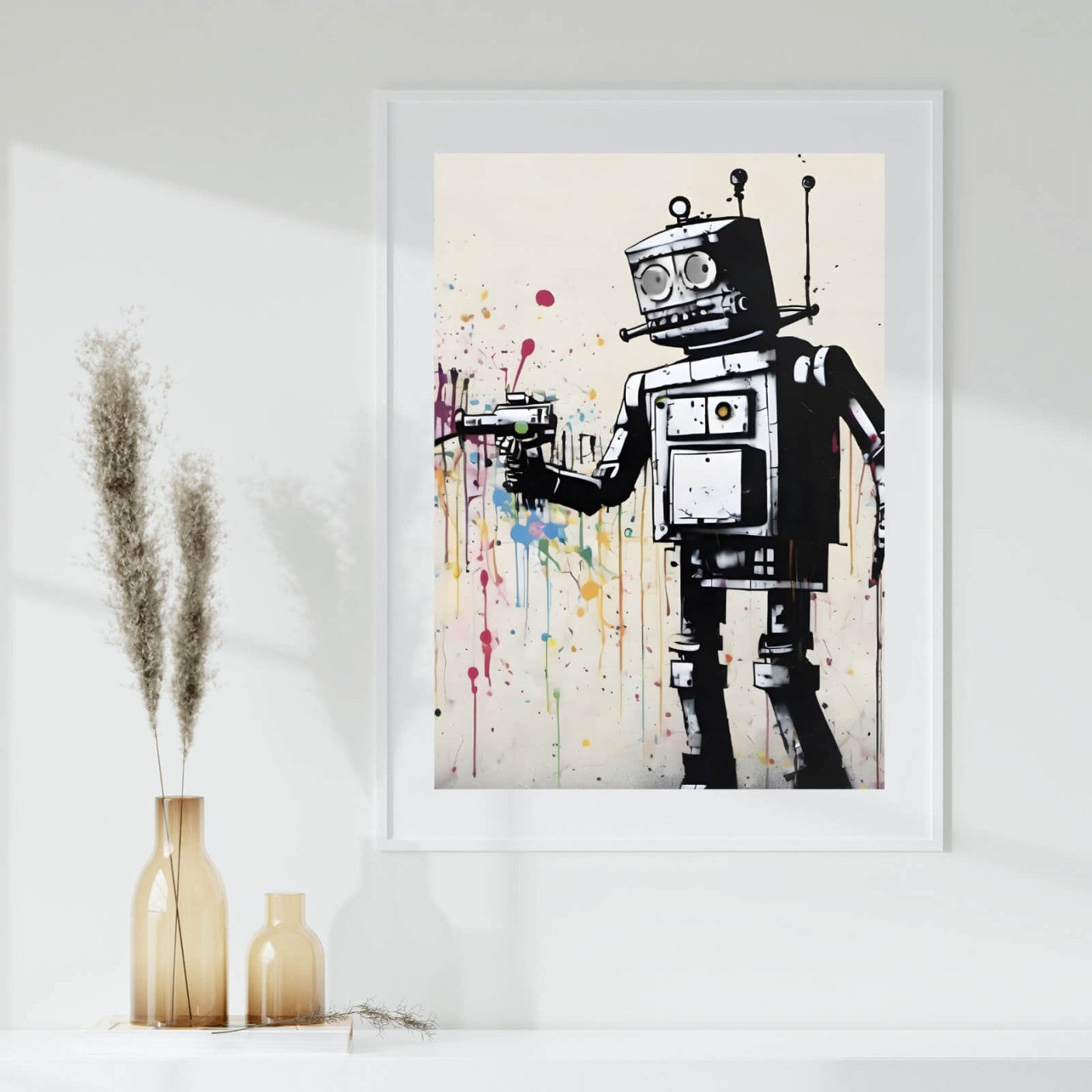 Poster Banksy Roboter mit Pistole abstrakt Hochformat