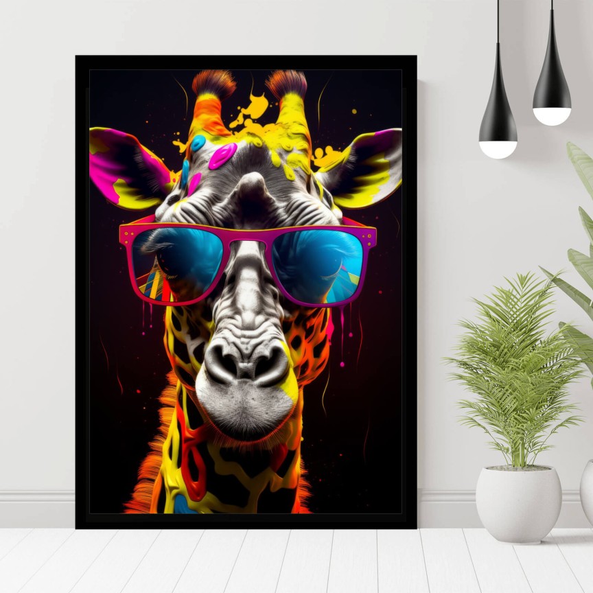 Poster Cooles Giraffen Portrait mit Brille Street Art Hochformat