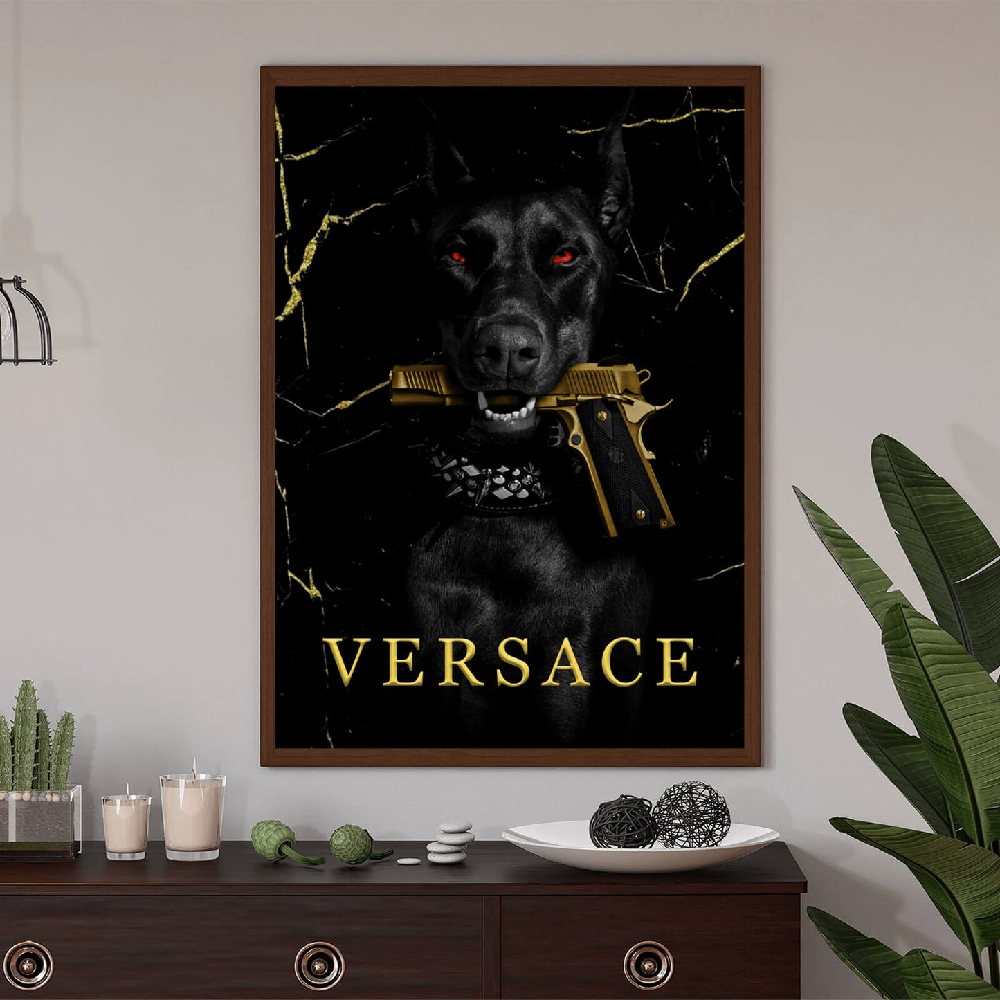 Poster Edler Hund mit Pistole Digital Art Hochformat