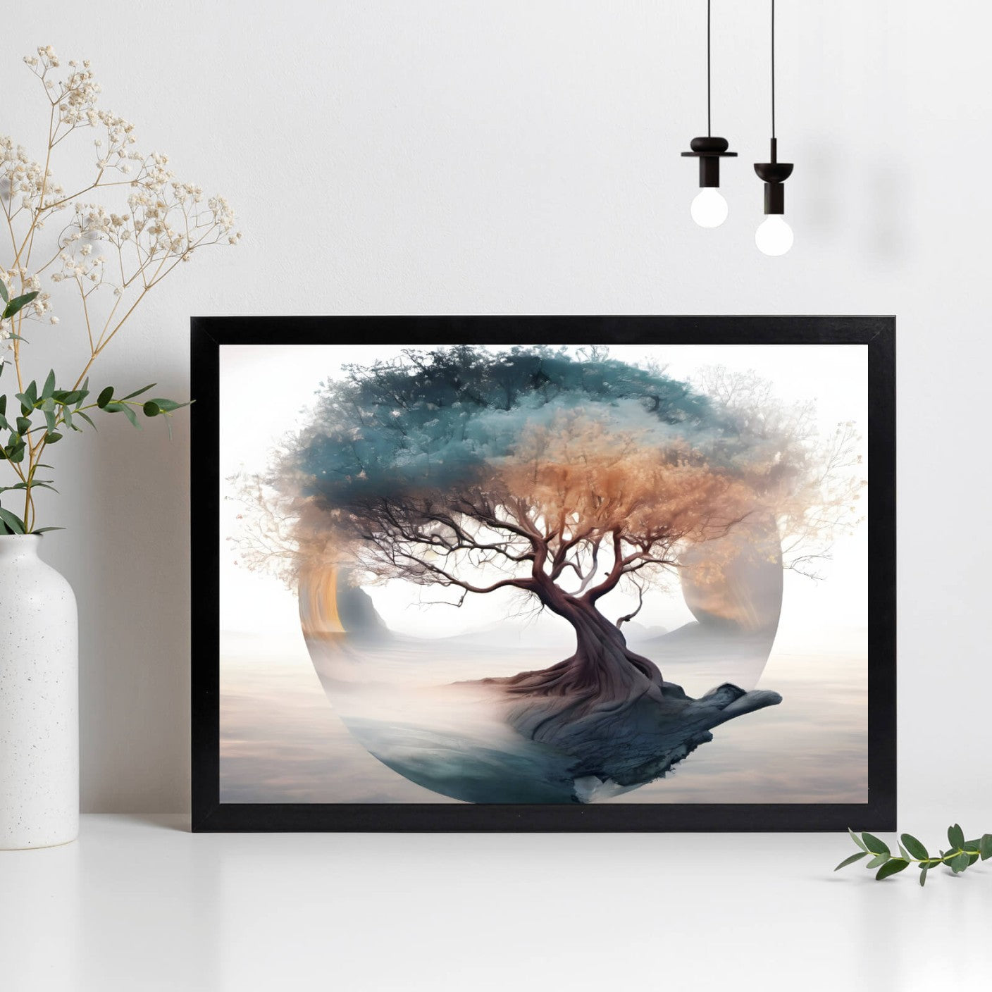 Poster Fantasiebaum im Nebel Querformat