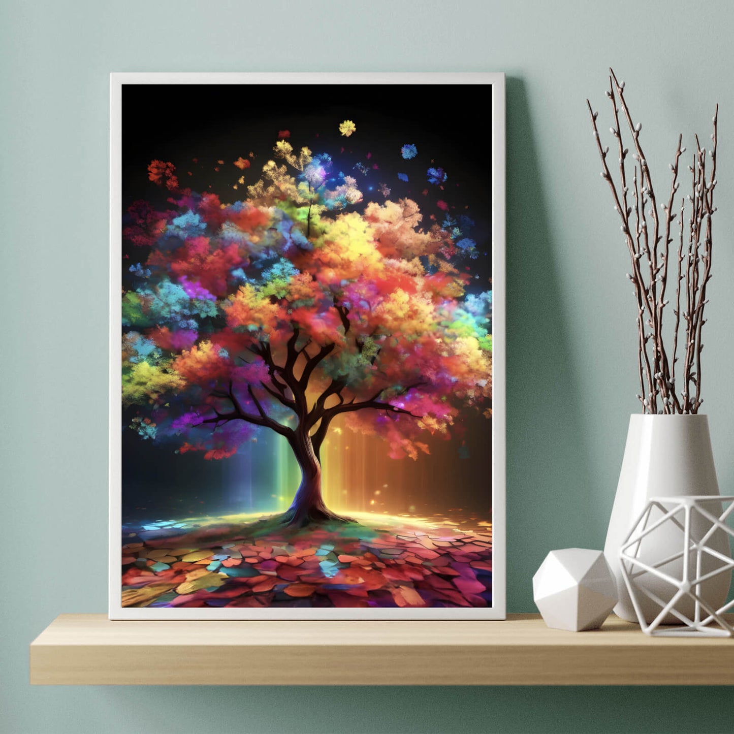 Poster Fantasiebaum in Regenbogenfarben Hochformat