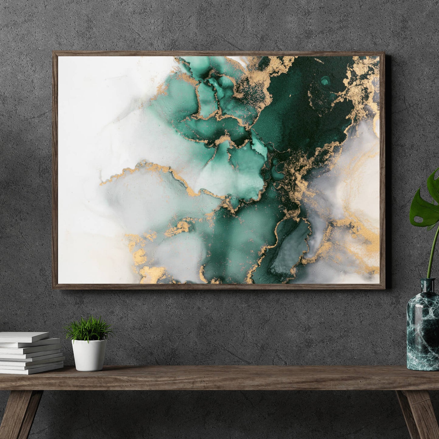 Poster Fluid Art Grün und Gold Querformat