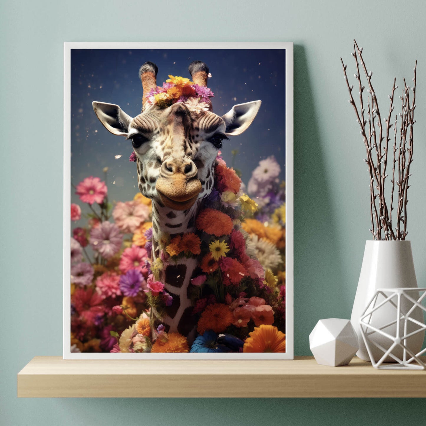 Poster Giraffe mit Blumen Digital Art Hochformat