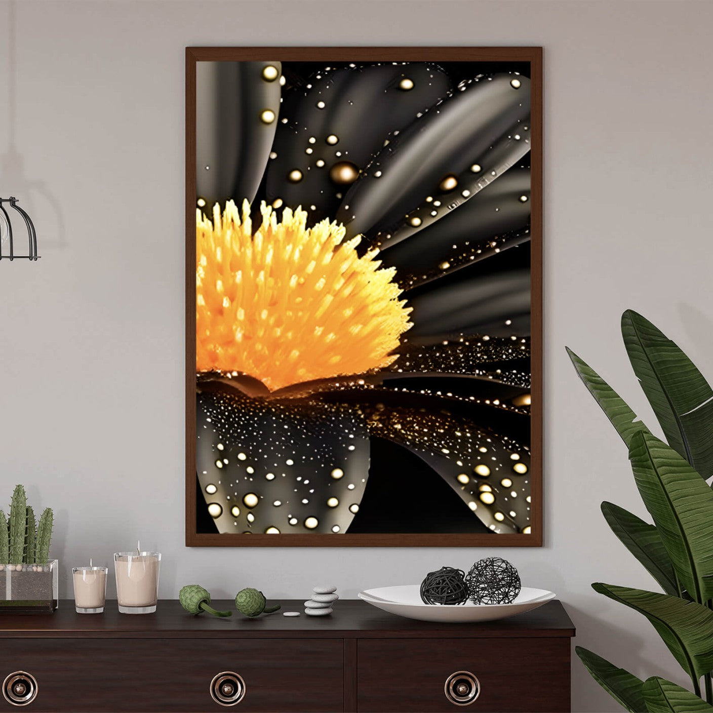 Poster Goldene schwarze Blume Hochformat