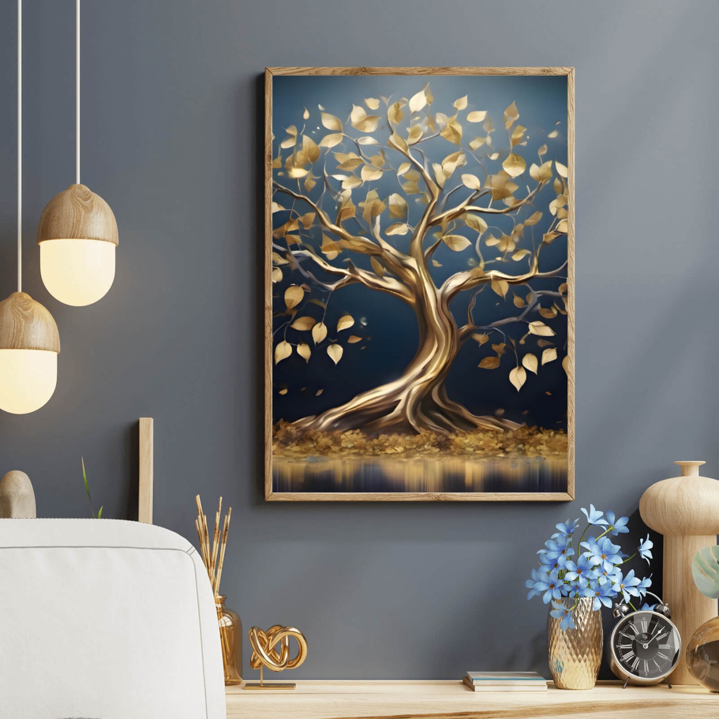 Poster Goldener Baum am Wasser Hochformat
