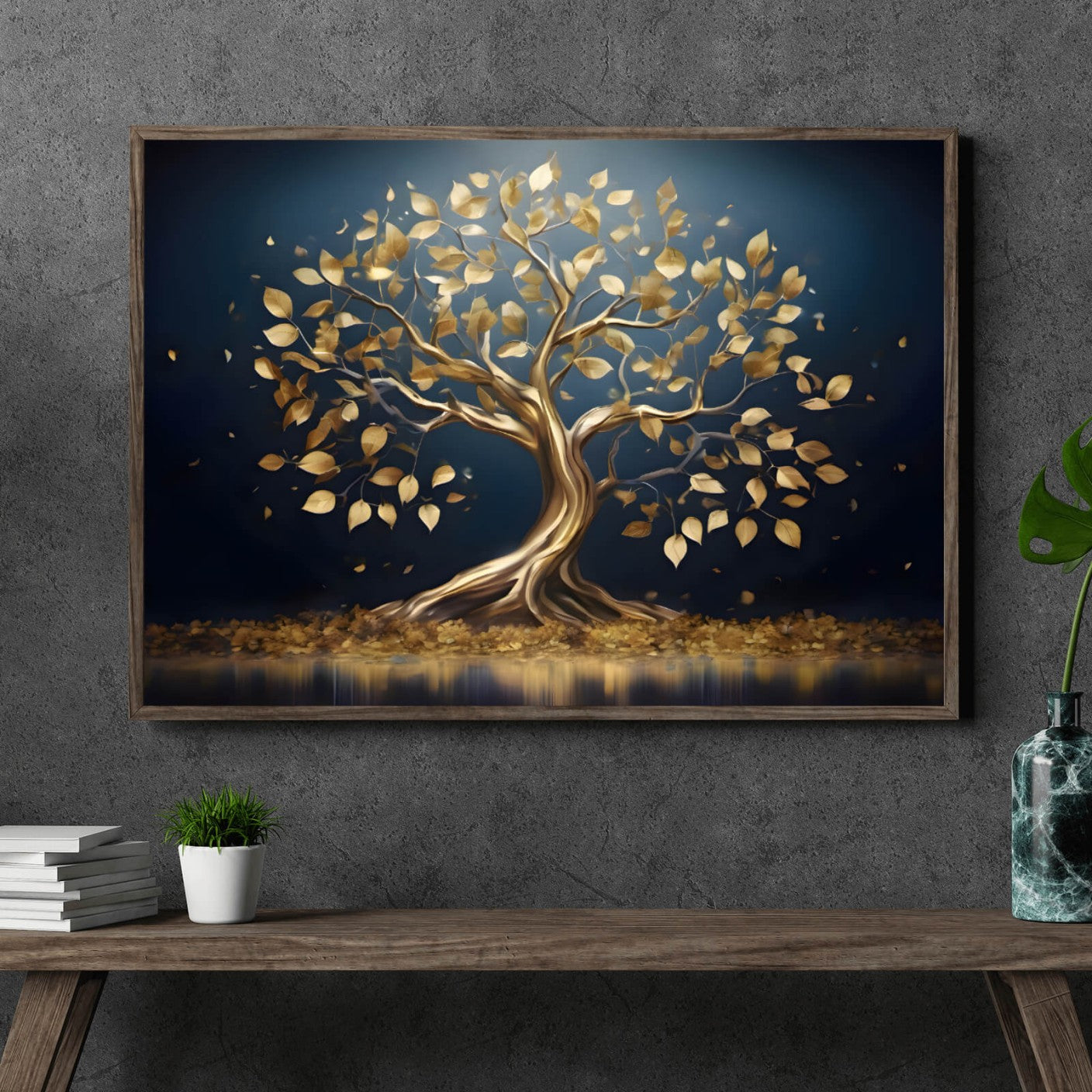Poster Goldener Baum am Wasser Querformat