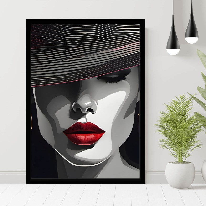 Poster Leinwandbild Grafisches Frauenportrait mit roten Lippen Hochformat