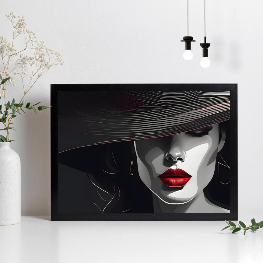 Poster Grafisches Frauenportrait mit roten Lippen Querformat