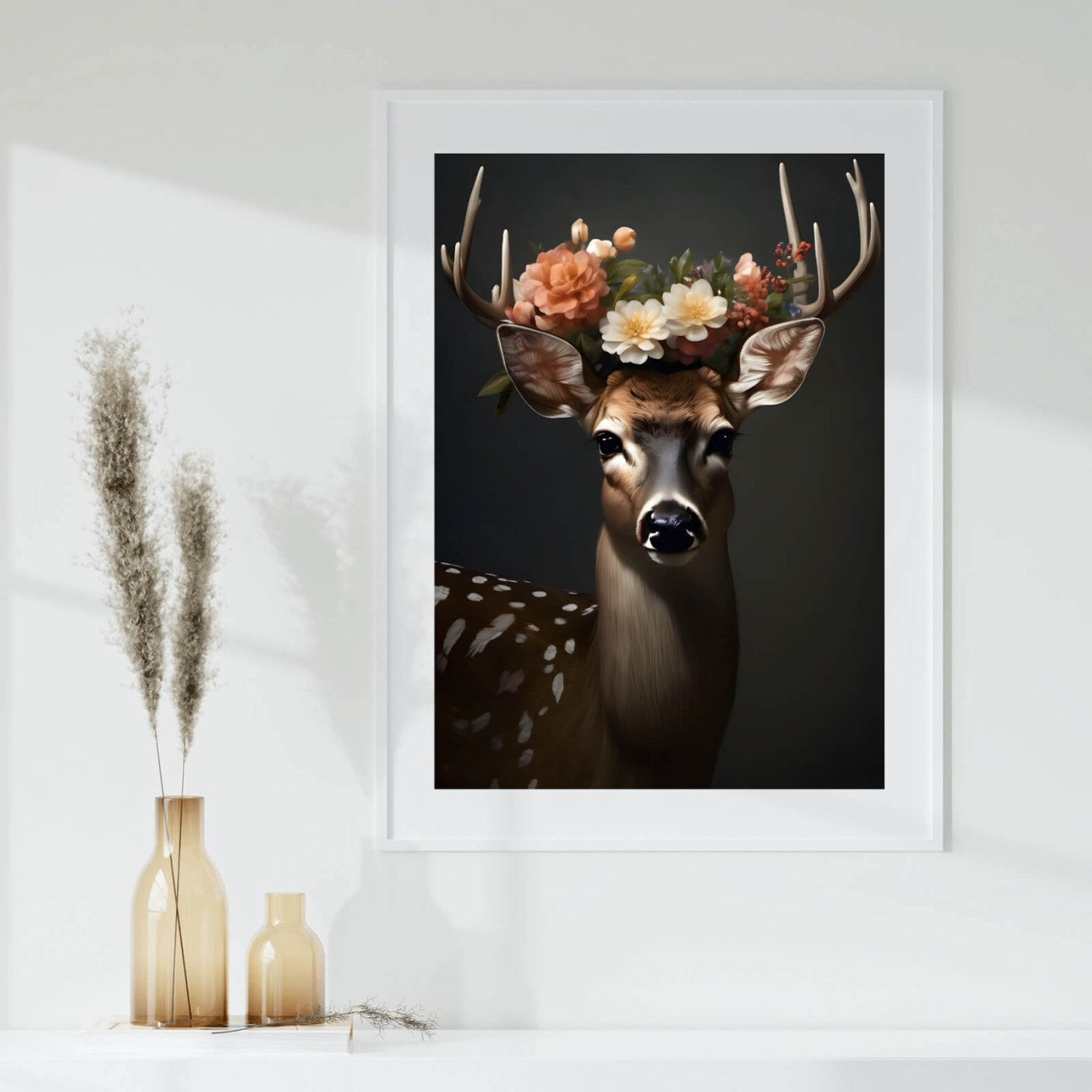 Poster Hirsch mit Blumenschmuck Hochformat