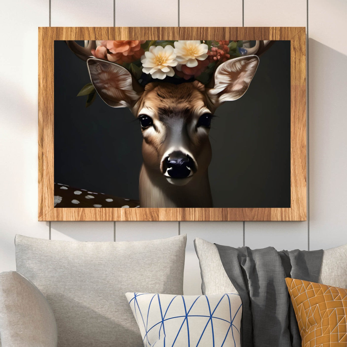 Poster Hirsch mit Blumenschmuck Querformat