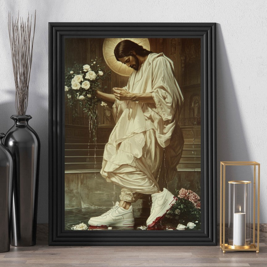 Poster Jesus mit Blumenstrauss und Sneaker Hochformat