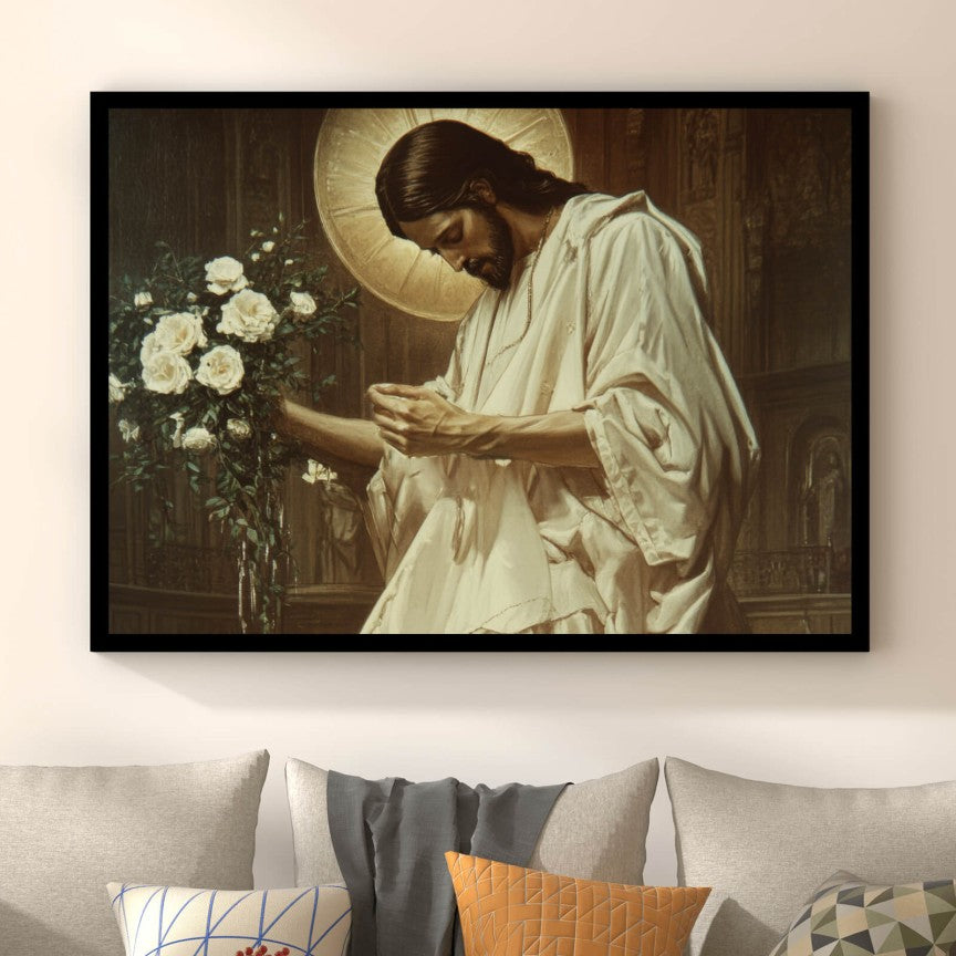 Poster Jesus mit Blumenstrauss und Sneaker Querformat