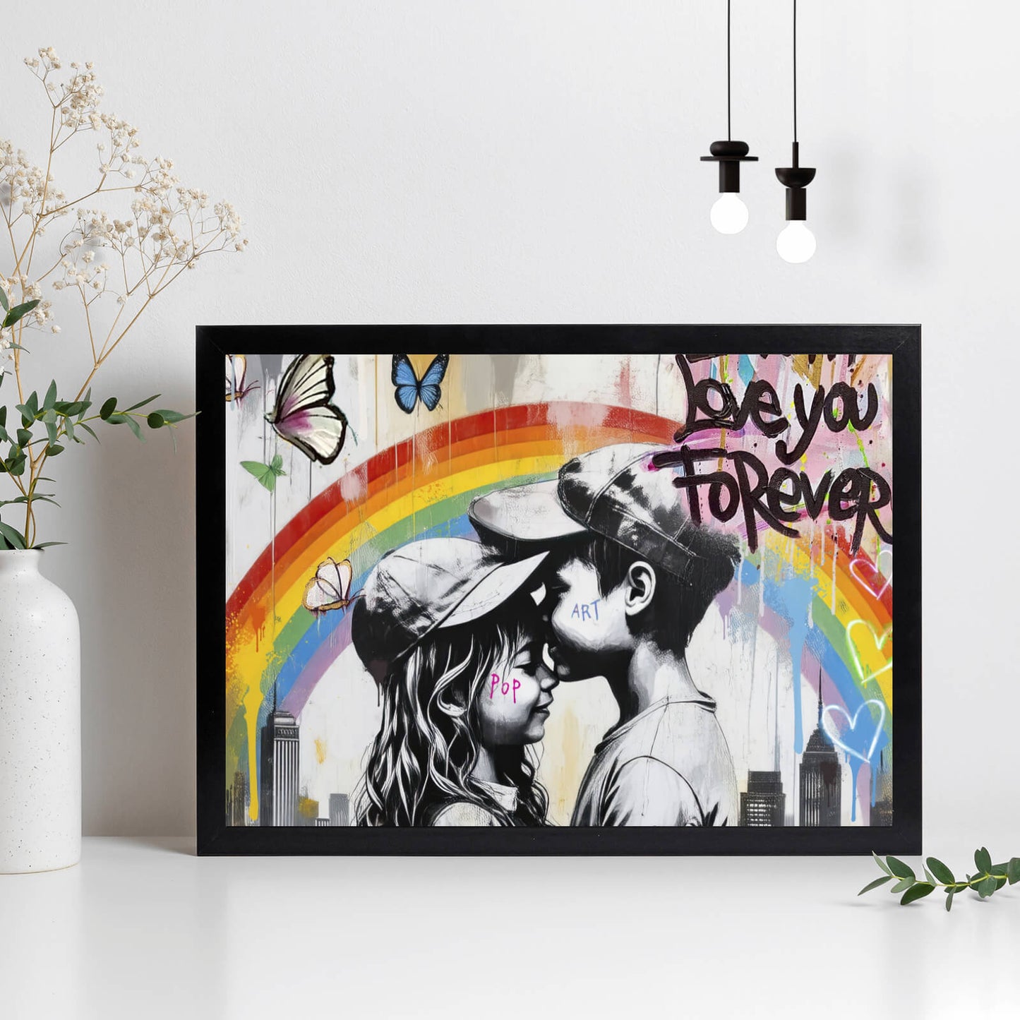 Poster Liebende Kinder mit buntem Street Art Hintergrund Querformat